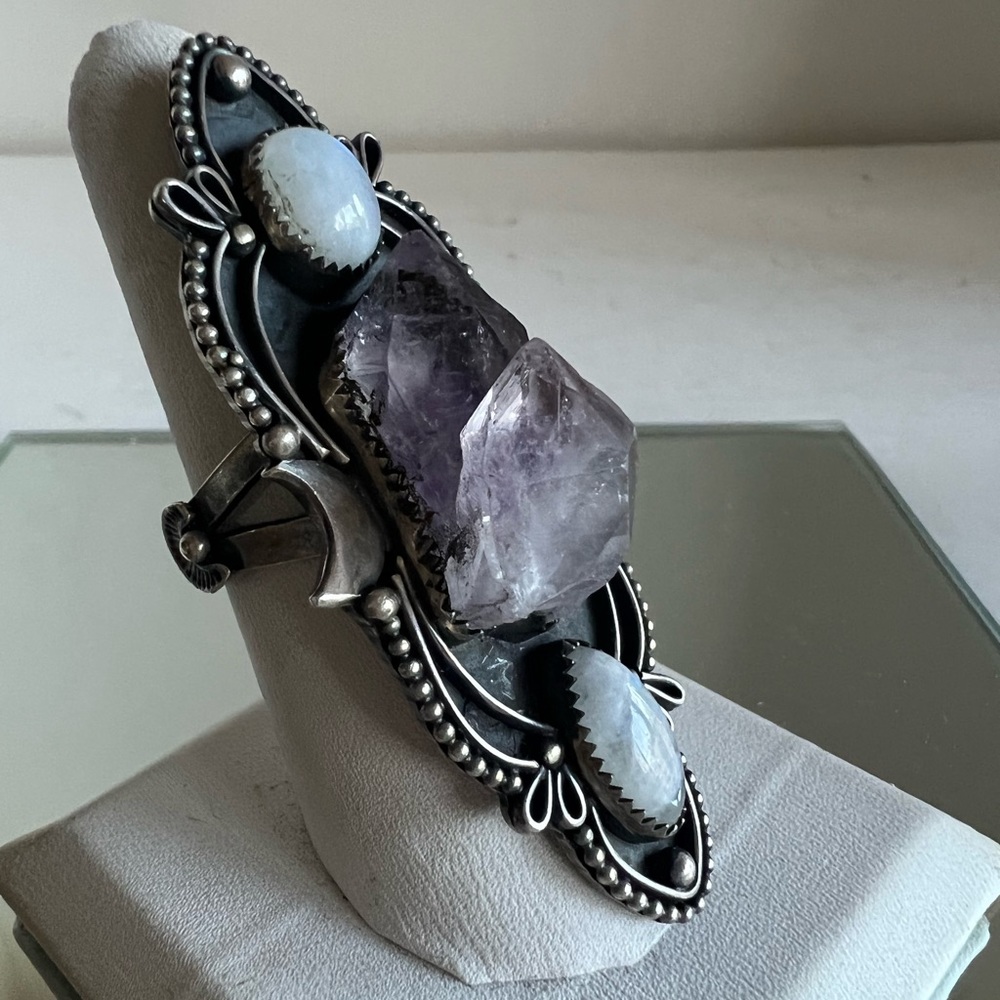 New Orleans Gothic sterling silver moon ring w/amethyst  fire blue moonstone🌙